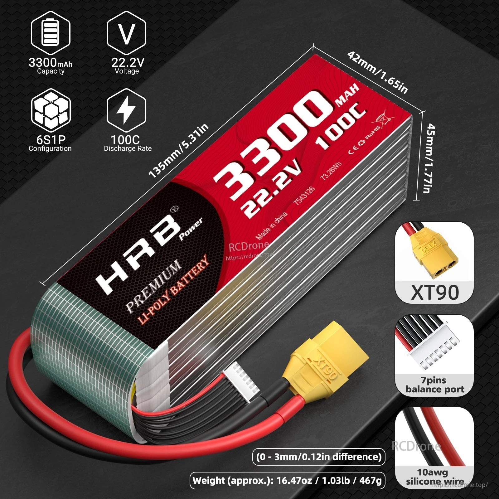 HRB 6S 3300mAh 22.2V LiPo battery pack with XT90 connector, JST-XH balance lead, and size callouts