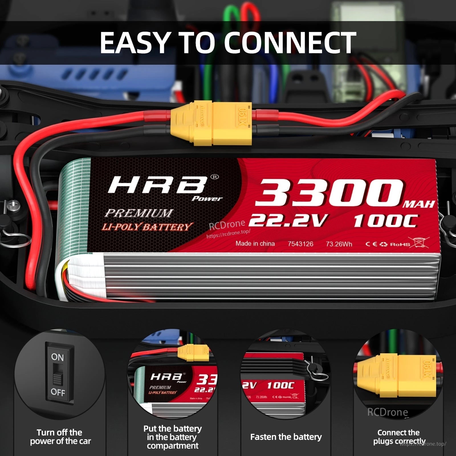 Close-up of HRB 6S 3300mAh 22.2V LiPo wired into an RC car with XT90 plug for quick connection