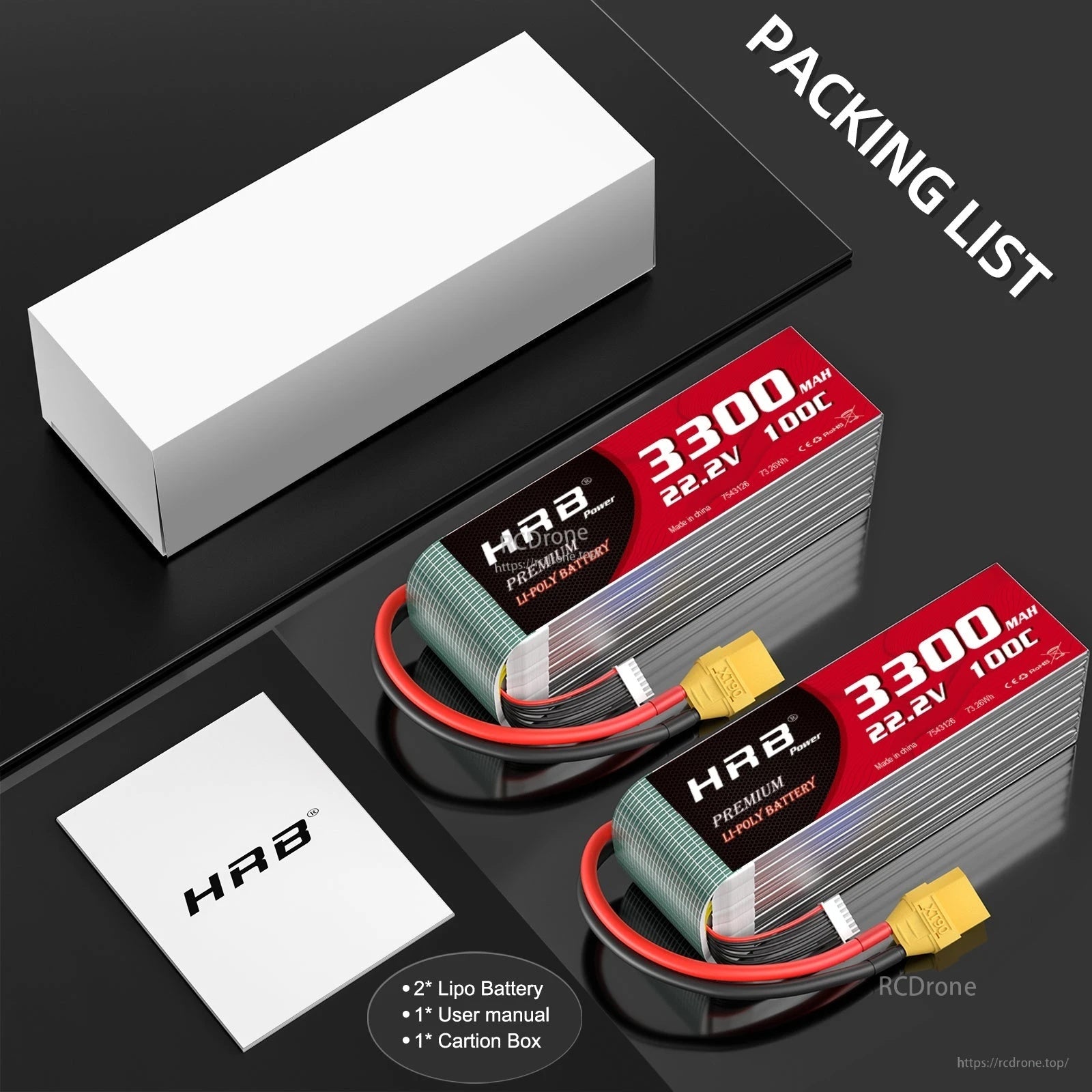 Packing list with HRB 6S 3300mAh 22.2V LiPo batteries, user manual, and carton box