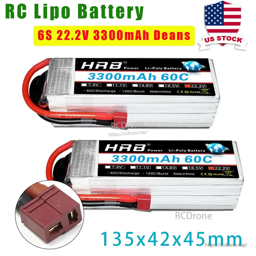 HRB 6S 3300mAh 22.2V 60C LiPo battery with Deans T plug close-up and 135×42×45 mm text