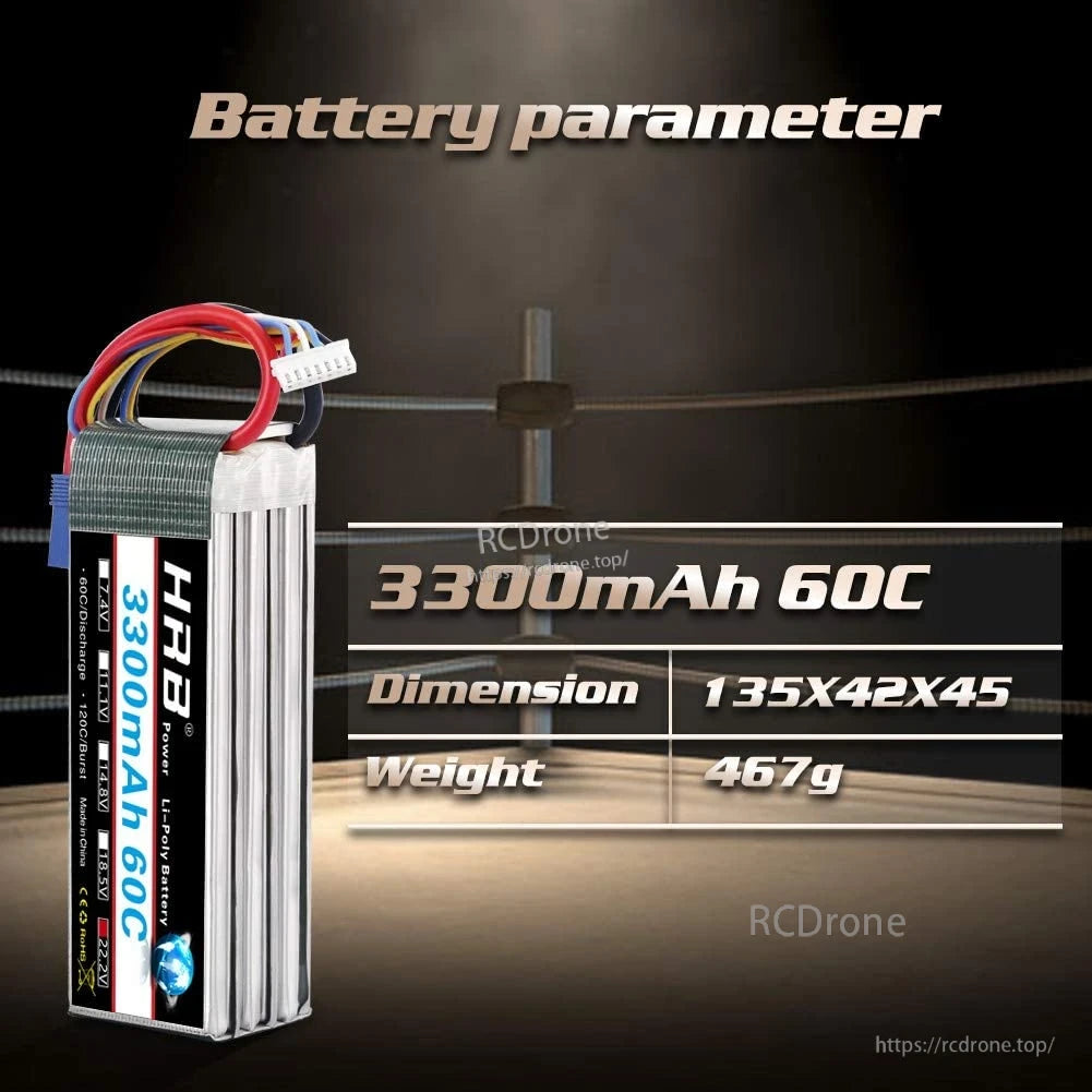 Battery parameter graphic listing 3300mAh 60C, size 135×42×45 mm, and weight 467 g