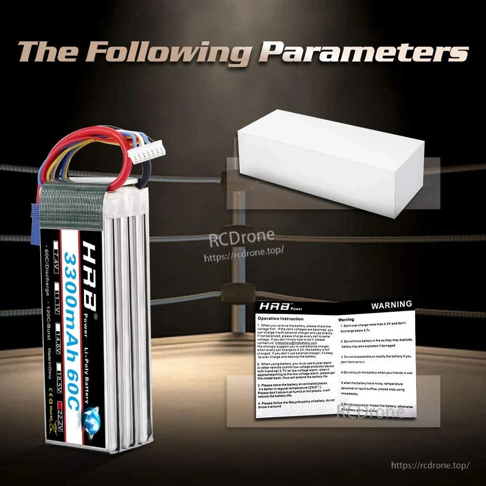 Package contents graphic showing HRB LiPo battery with white box and instruction/warning leaflet