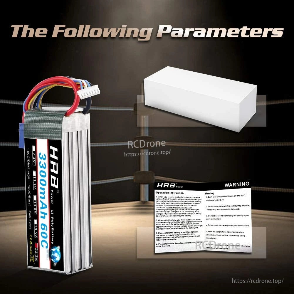 HRB 6S 3300mAh LiPo battery packaging with white box and included safety/warning leaflet