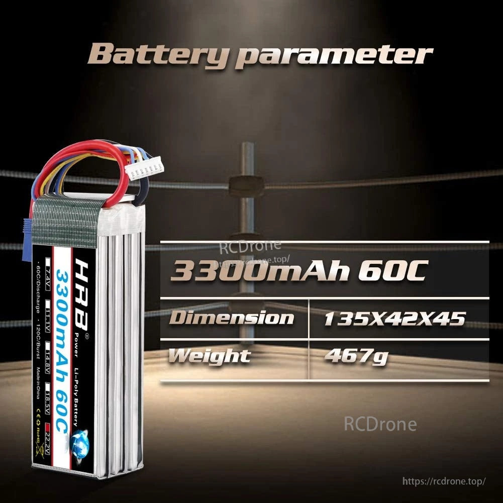 HRB 3300mAh 60C LiPo battery parameters: 135×42×45mm size and 467g weight (6S 22.2V pack)