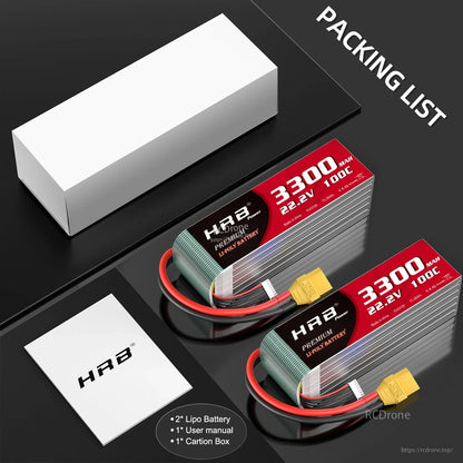 Packing list showing two HRB LiPo batteries, user manual, and carton box