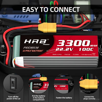 XT90 connector wiring example for HRB 3300mAh 22.2V LiPo in RC car compartment