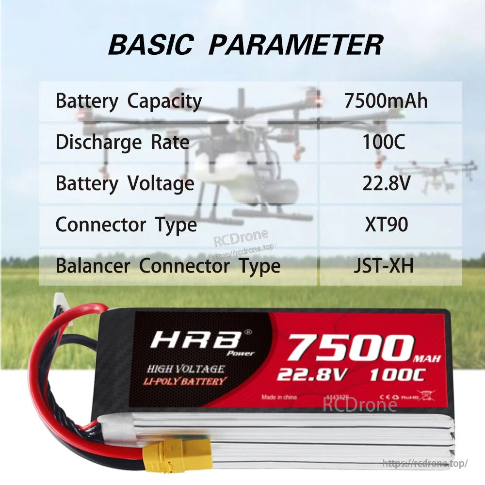 HRB 6S 7500mAh 22.8V HV 100C LiPo Battery with basic parameters and XT90 plus JST-XH balance lead