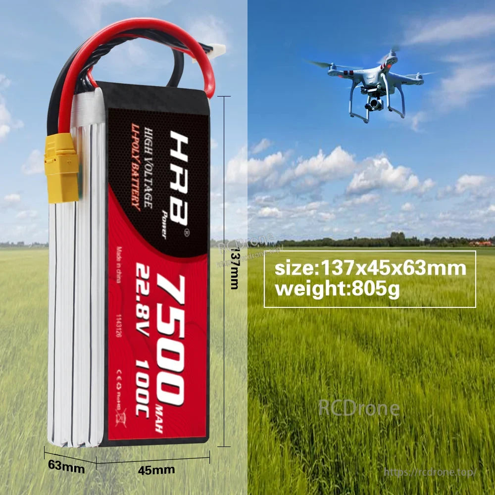 HRB 6S 7500mAh LiPo dimensions 137×45×63mm with listed weight 805g for fitment planning