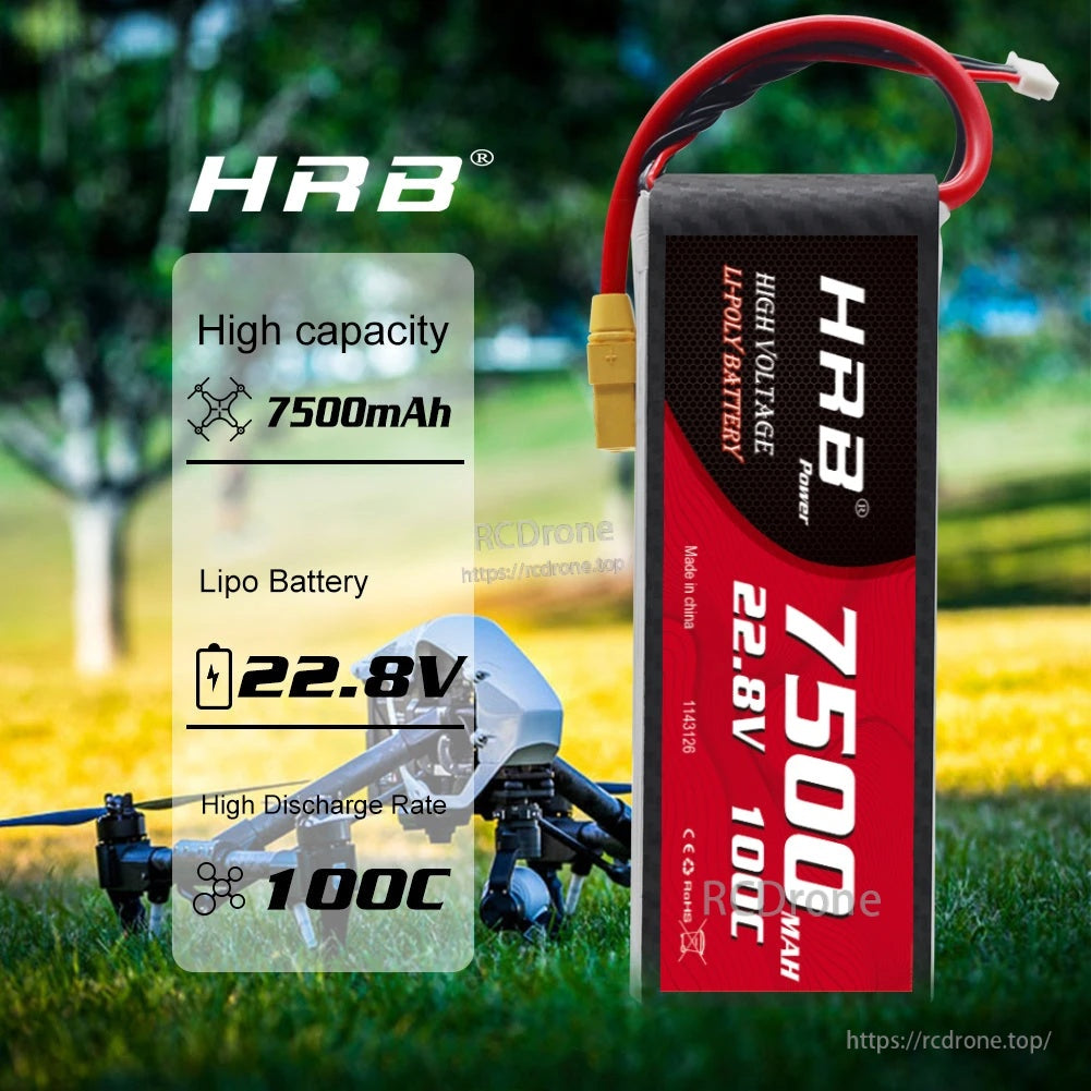 Side view of HRB 7500mAh 22.8V HV LiPo pack with 100C label and main discharge lead