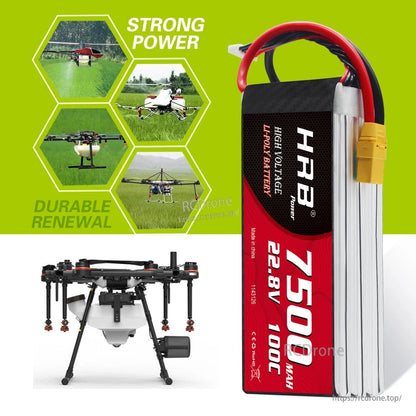 RC drone application graphic showing HRB battery pack with 'strong power' and aerial drone examples
