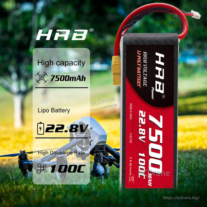 HRB 7500mAh 22.8V 100C LiPo battery shown upright on grass with RC drone use-case background