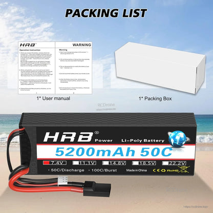 Packing list graphic showing HRB 5200mAh 50C hardcase battery, user manual and packing box