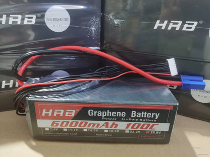 Close-up of HRB Graphene Battery label with attached wiring, EC5 plug, and 7S balance connector