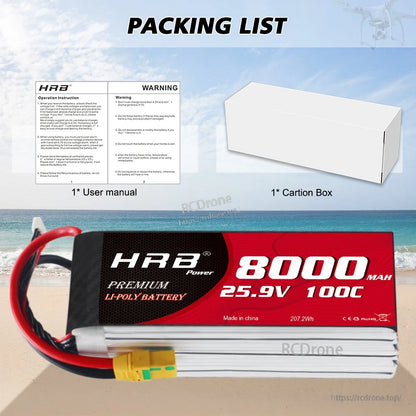 Packing list showing HRB LiPo battery, user manual, and carton box included in the package