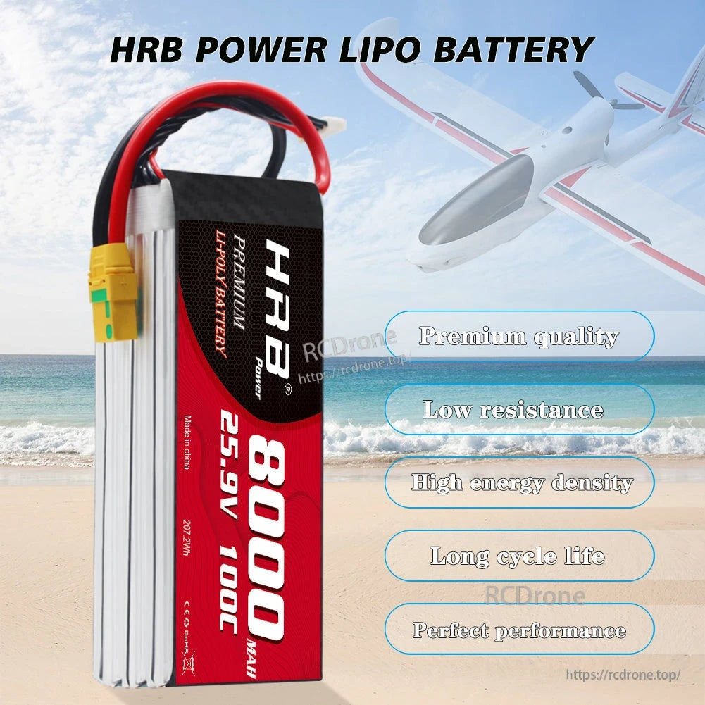 Vertical side view of HRB 8000mAh 25.9V 100C LiPo pack with XT90S connector on beach background