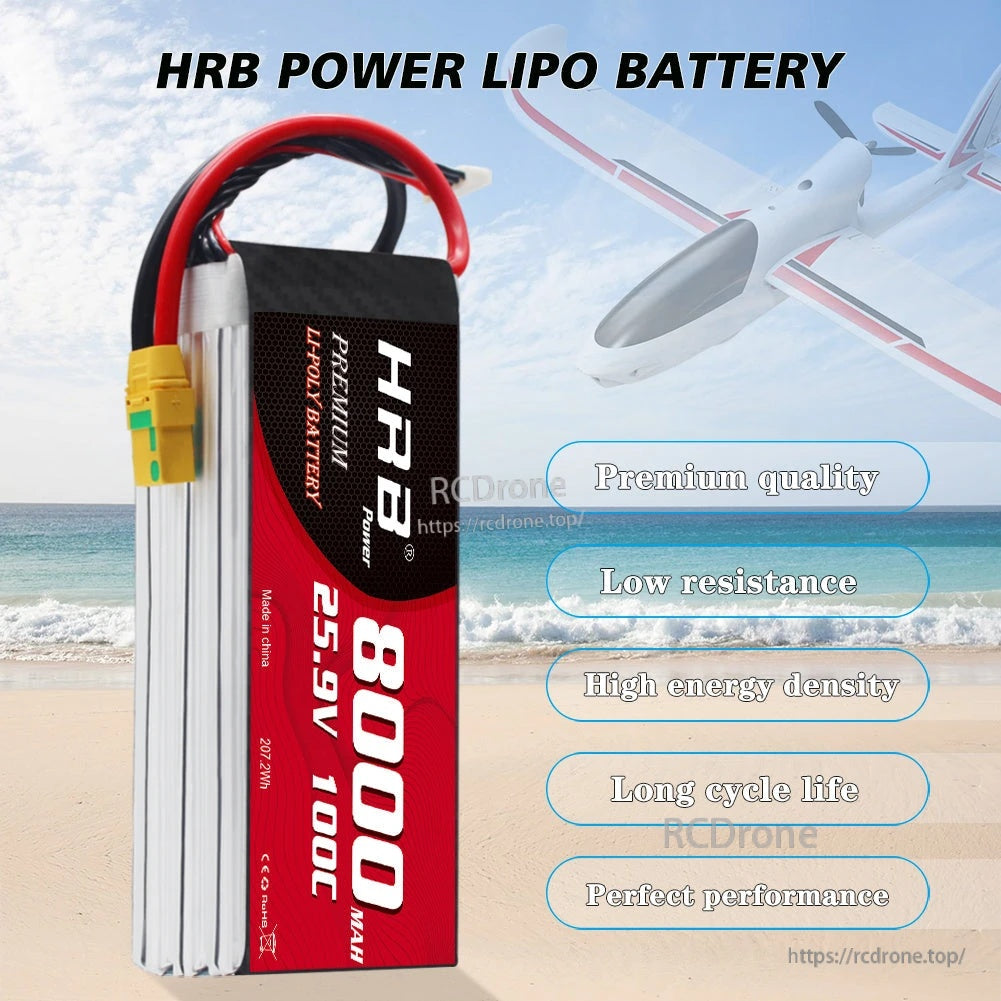 HRB Power LiPo Battery labeled 25.9V 8000mAh 100C with feature callouts for low resistance and long cycle life