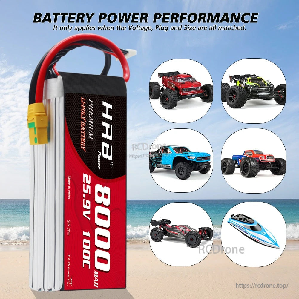 HRB 25.9V 8000mAh 100C LiPo pack upright with typical RC car and boat application icons for fitment reference
