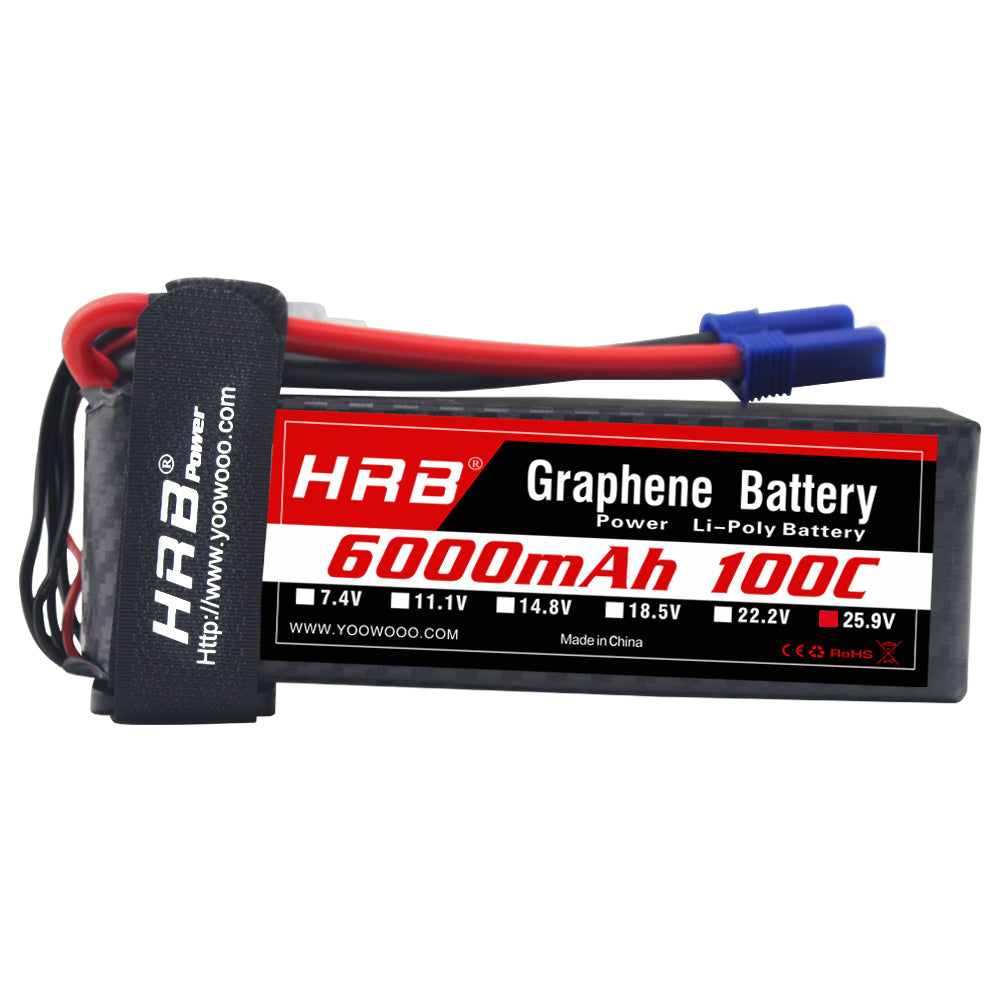 HRB Graphene 7S 6000mAh 25.9V 100C LiPo Battery pack with label and blue EC5 lead