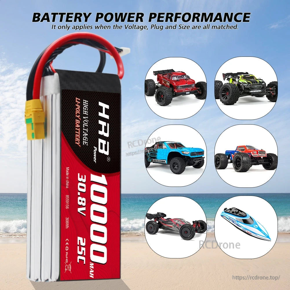 HRB 8S 30.8V 10000mAh 25C HV LiPo battery power performance graphic with RC car and boat icons