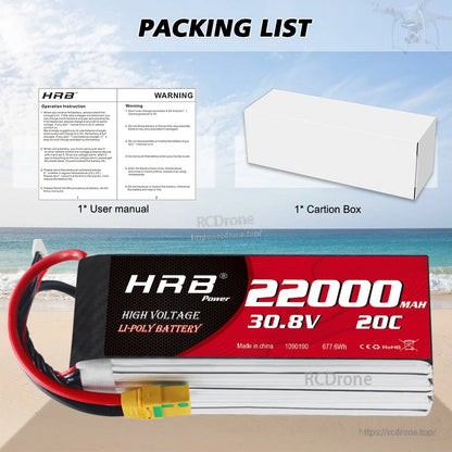 Packing list showing HRB battery plus included user manual and carton box