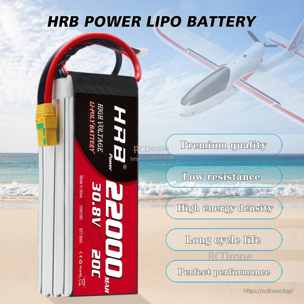 Side view of HRB 30.8V 22000mAh LiPo battery pack with leads and XT90S plug, airplane background