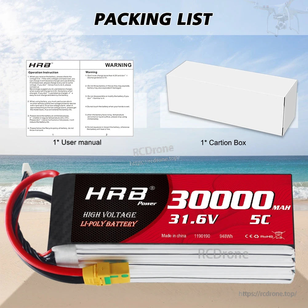 Packing list graphic showing battery, user manual, and carton box included