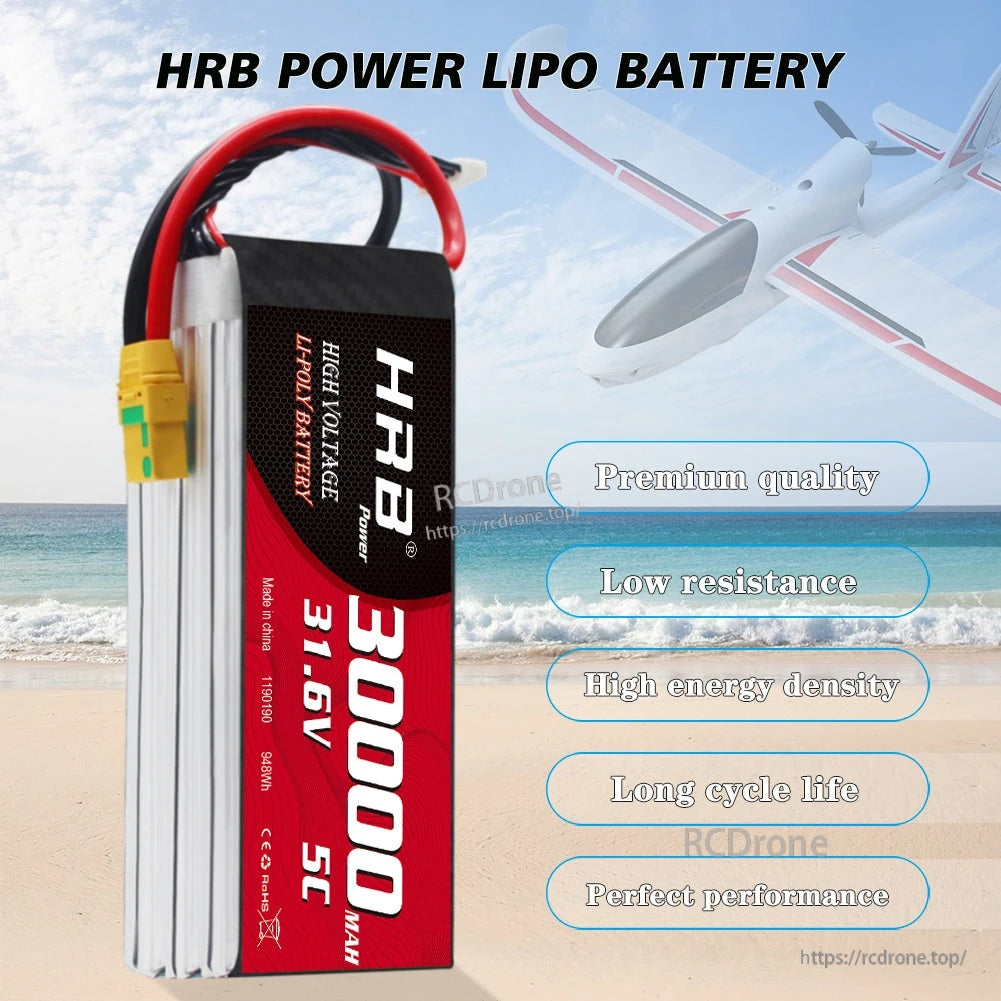 Side view of HRB high-voltage Li-Poly battery labeled 30000mAh 31.6V 5C with discharge leads