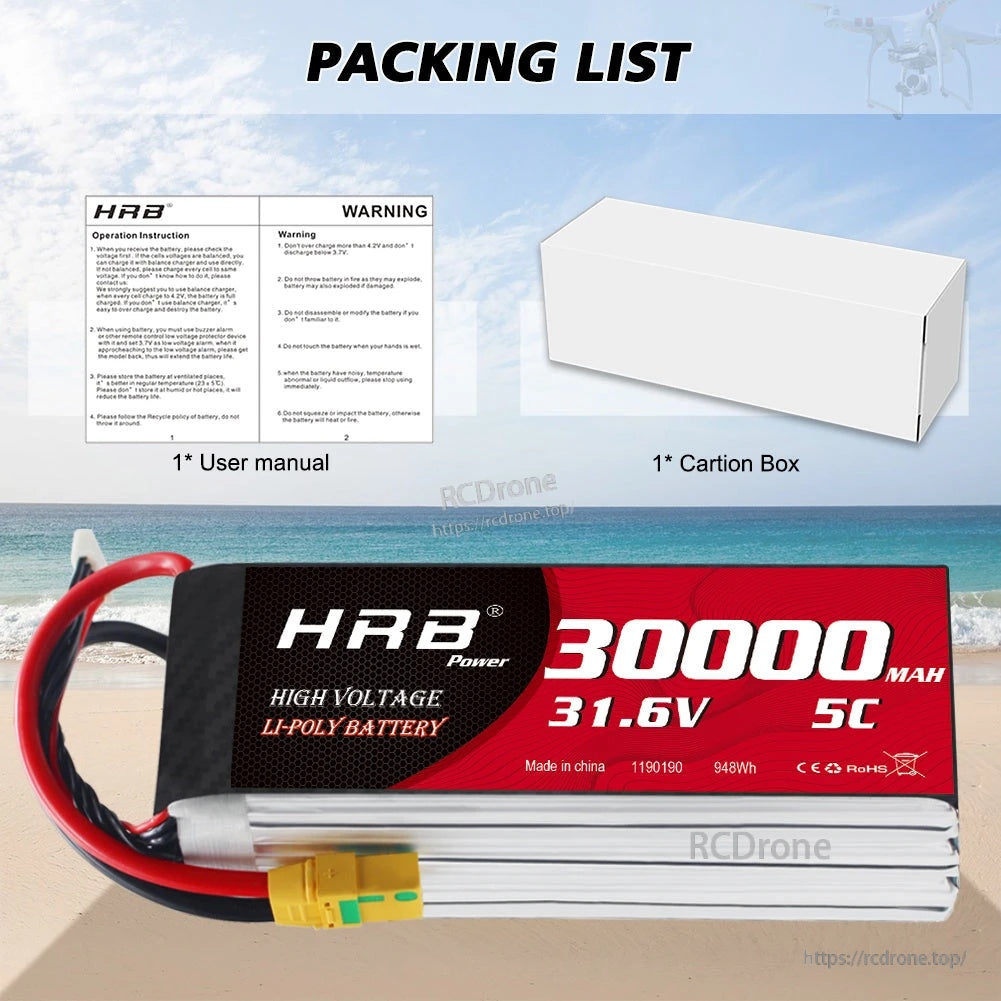 Packing list for HRB 8S 31.6V 30000mAh 5C battery including user manual and carton box