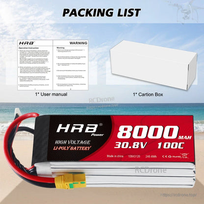Packing list graphic: 8000mAh 30.8V LiPo battery with user manual and carton box shown