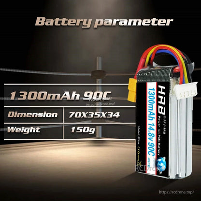 Battery parameter chart: 1300mAh 90C, dimensions 70×35×34 mm, weight 150 g