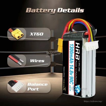 Battery details graphic showing XT60 plug, power wires, and balance port on HRB FPV-PRO 1300mAh pack
