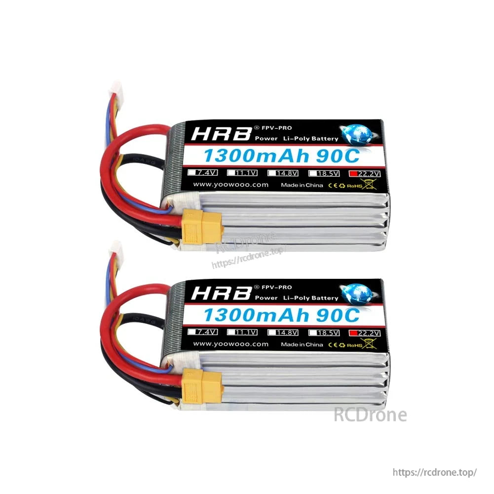 Two HRB FPV-PRO 1300mAh 90C LiPo batteries shown side by side on white background