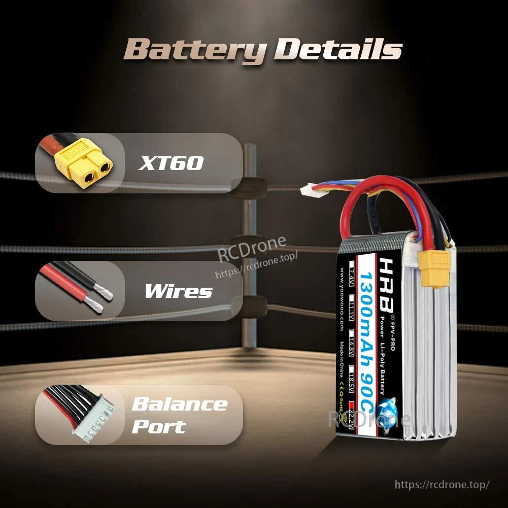 Side view details graphic highlighting XT60 connector, wires, and balance port on the battery