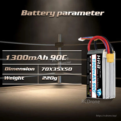 Battery parameter chart: 1300mAh 90C, dimensions 70×35×50 mm, weight 220 g