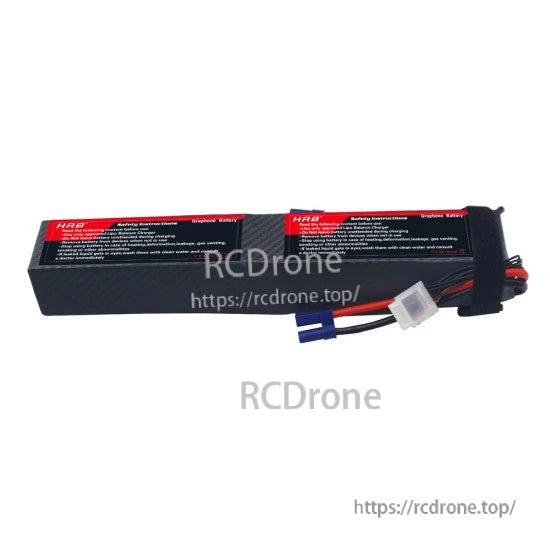Side view of HRB Graphene 12S 5000mAh LiPo pack, long hardcase style with EC5 connector leads