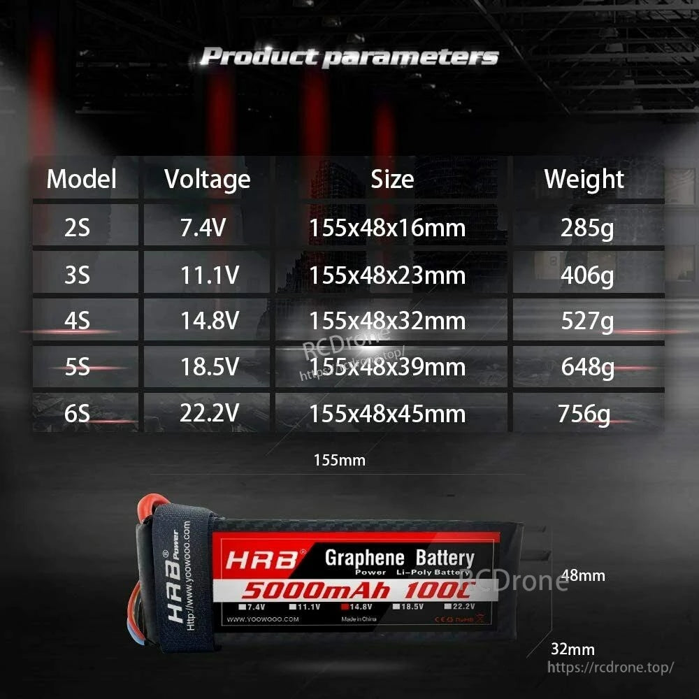 HRB Graphene 4S 14.8V 5000mAh 100C LiPo battery size and weight chart (4S: 155×48×32mm, 527g)