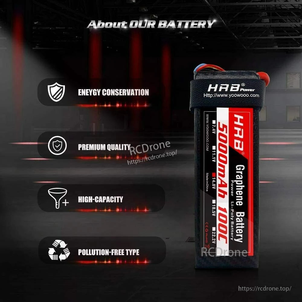HRB Graphene 5000mAh 100C RC LiPo battery label highlighting energy conservation, premium quality and high-capacity features