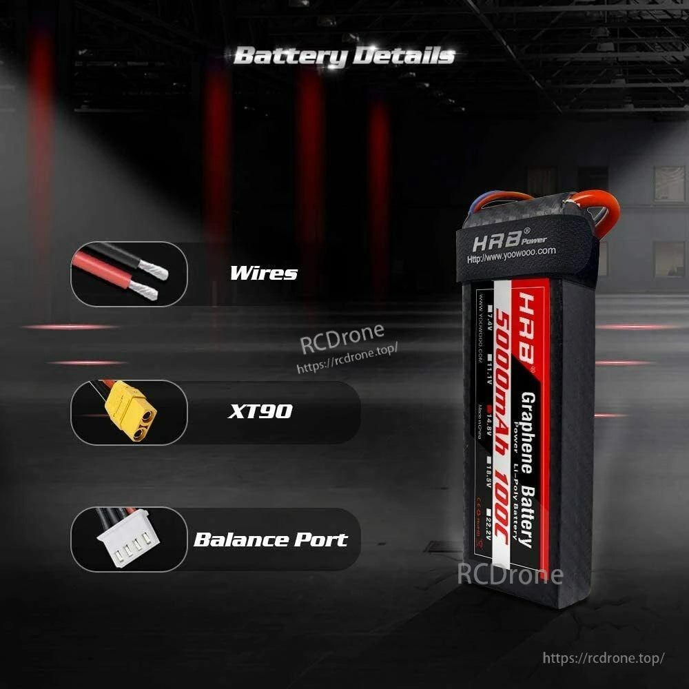 HRB Graphene 4S 14.8V 5000mAh 100C LiPo battery with 10AWG leads, XT90 main connector and balance port