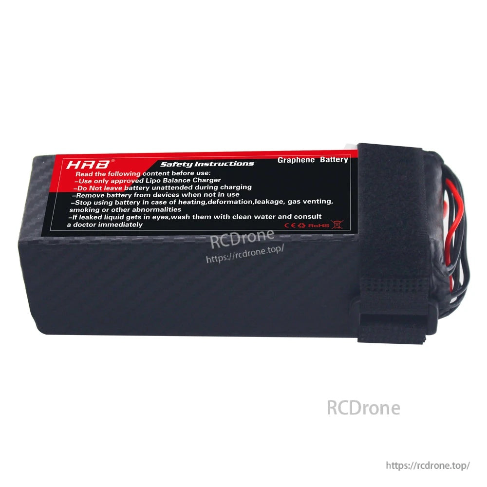 Side view of HRB Graphene LiPo battery showing on-pack safety instructions label and hook-and-loop strap
