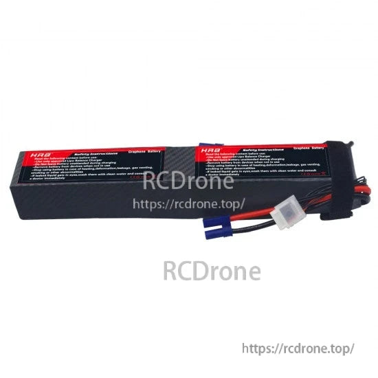 HRB Graphene LiPo pack rear view with safety label, EC5 leads and balance connector (watermarked image)