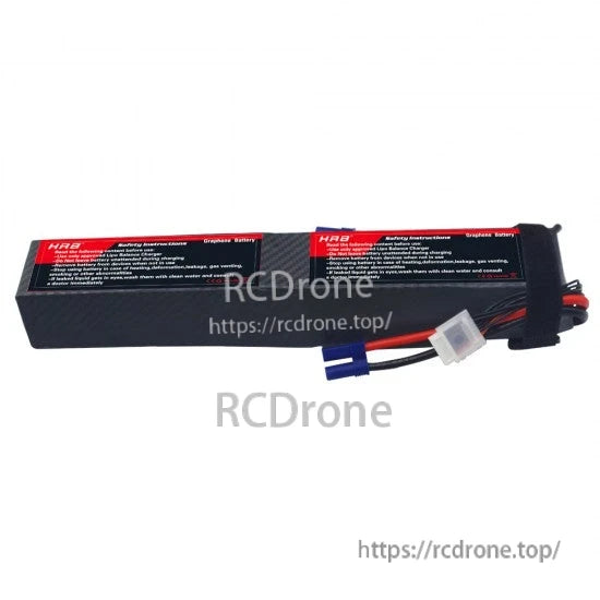 Side view of battery showing blue EC5 discharge connector and white balance plug on lead