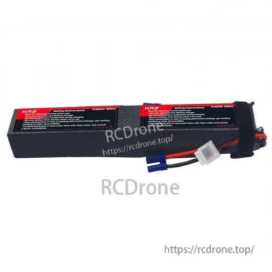 Wide rear view of battery pack with warning labels, blue power connector and white balance connector