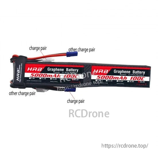HRB 12S 5000mAh Graphene LiPo battery with annotated charge pair and other charge pair leads