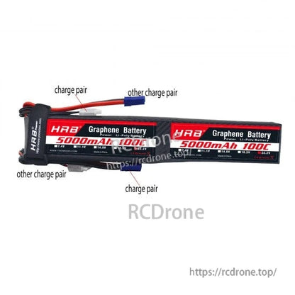 HRB 12S 5000mAh Graphene LiPo battery with annotated charge pair and other charge pair leads