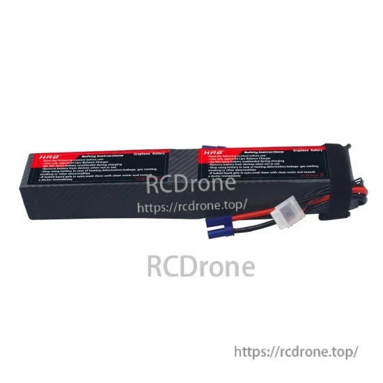 Side view of 12S 5000mAh graphene LiPo battery with safety text panel and main/balance connectors