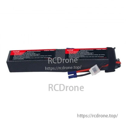 Side view of 12S 5000mAh graphene LiPo battery with safety text panel and main/balance connectors