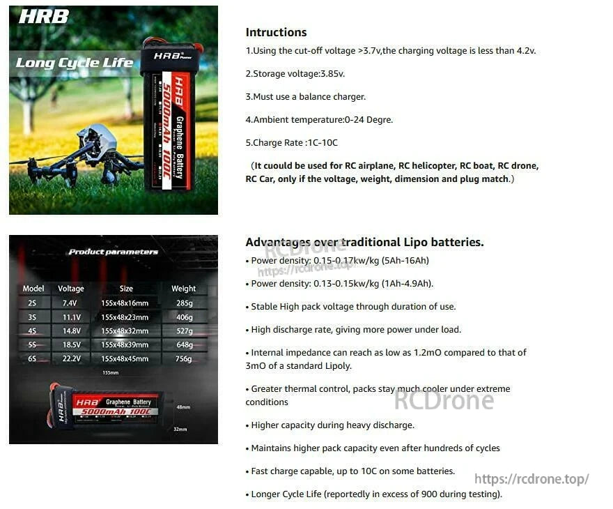 Instruction and advantages sheet for HRB Graphene LiPo battery with RC drone use photo and parameter table