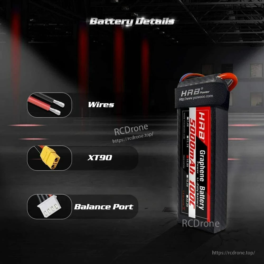 HRB Graphene 4S 14.8V 5000mAh 100C LiPo battery connector details showing XT90 plug and balance port