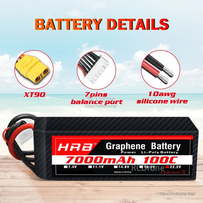 Battery details graphic showing XT90 connector, 7-pin balance port, and 10AWG silicone wire