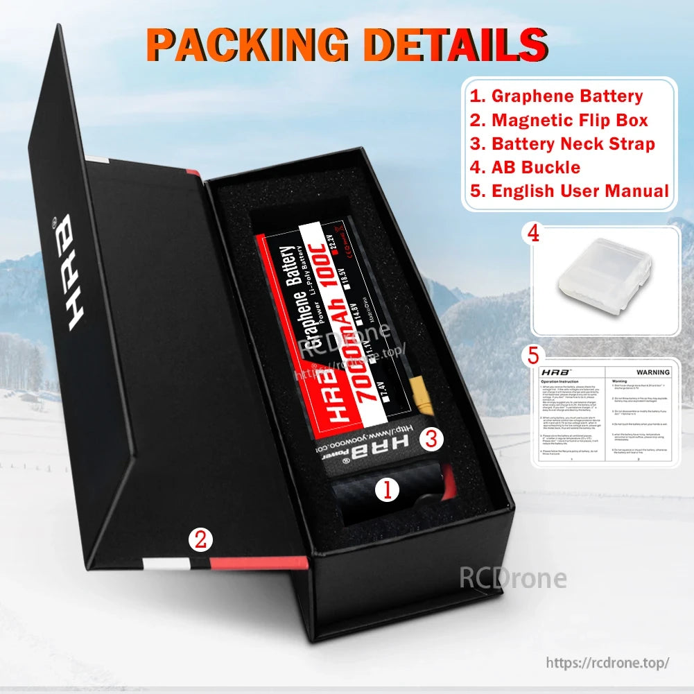 Packing details: HRB battery in box with magnetic flip box, neck strap, buckle and English manual